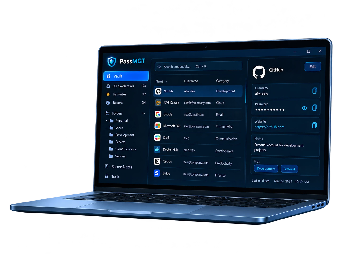 PassMGT shown on a laptop — the credential dashboard with vault items, activity and security overview